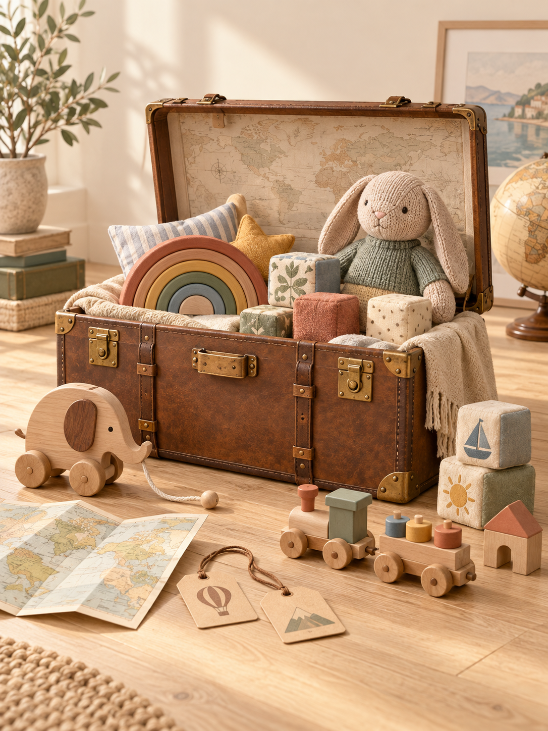 An open vintage travel trunk filled with wooden and knitted toys, a folded map and paper travel tags beside it